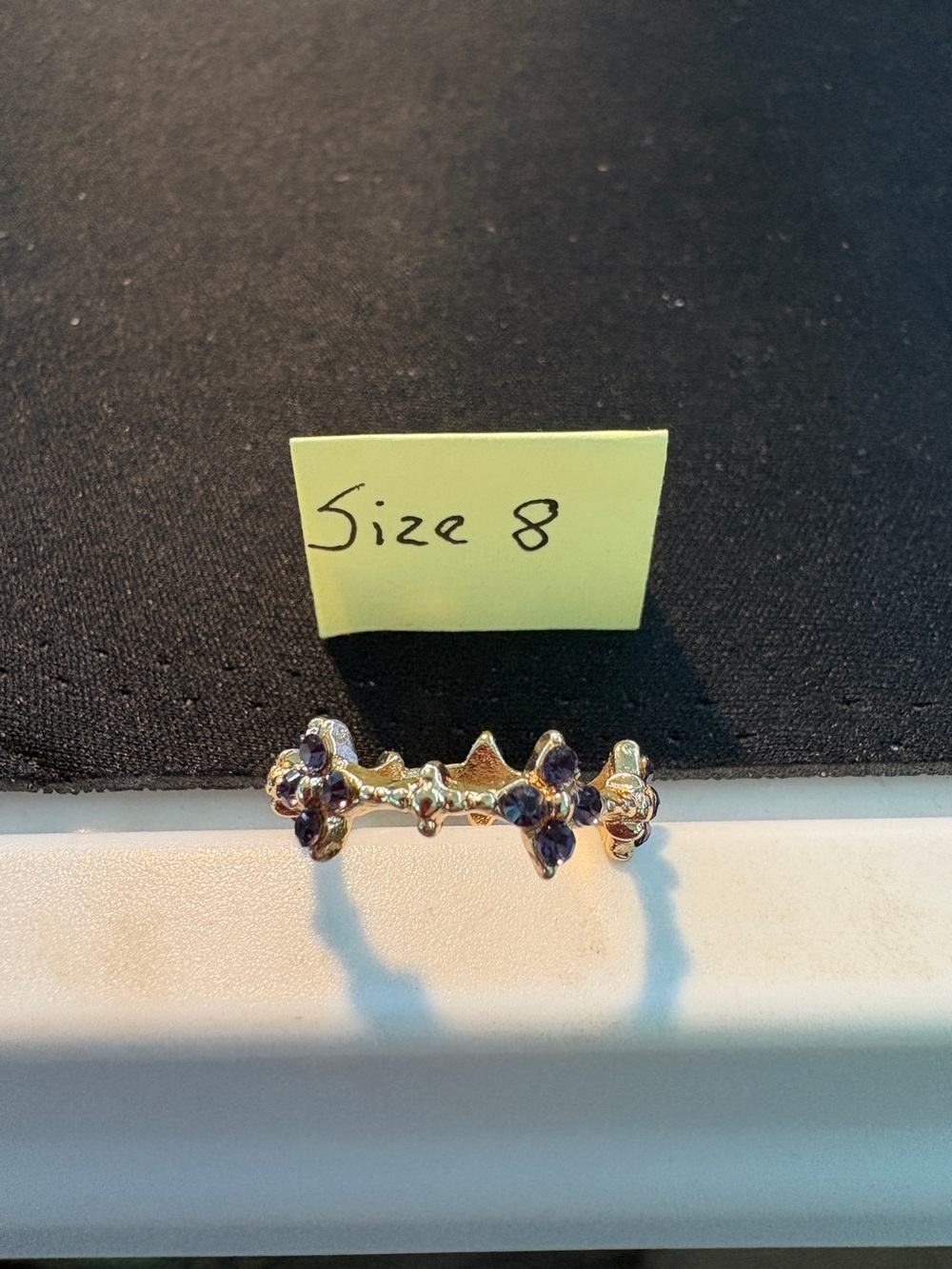 Gold Floral Cluster Ring with Black Stones - Size 8
